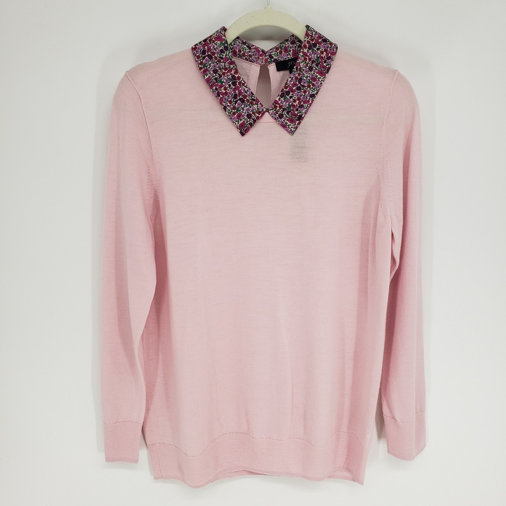 J Crew Tippi Liberty Floral Collar Merino Wool Sweater Women M Pink Long Sleeve